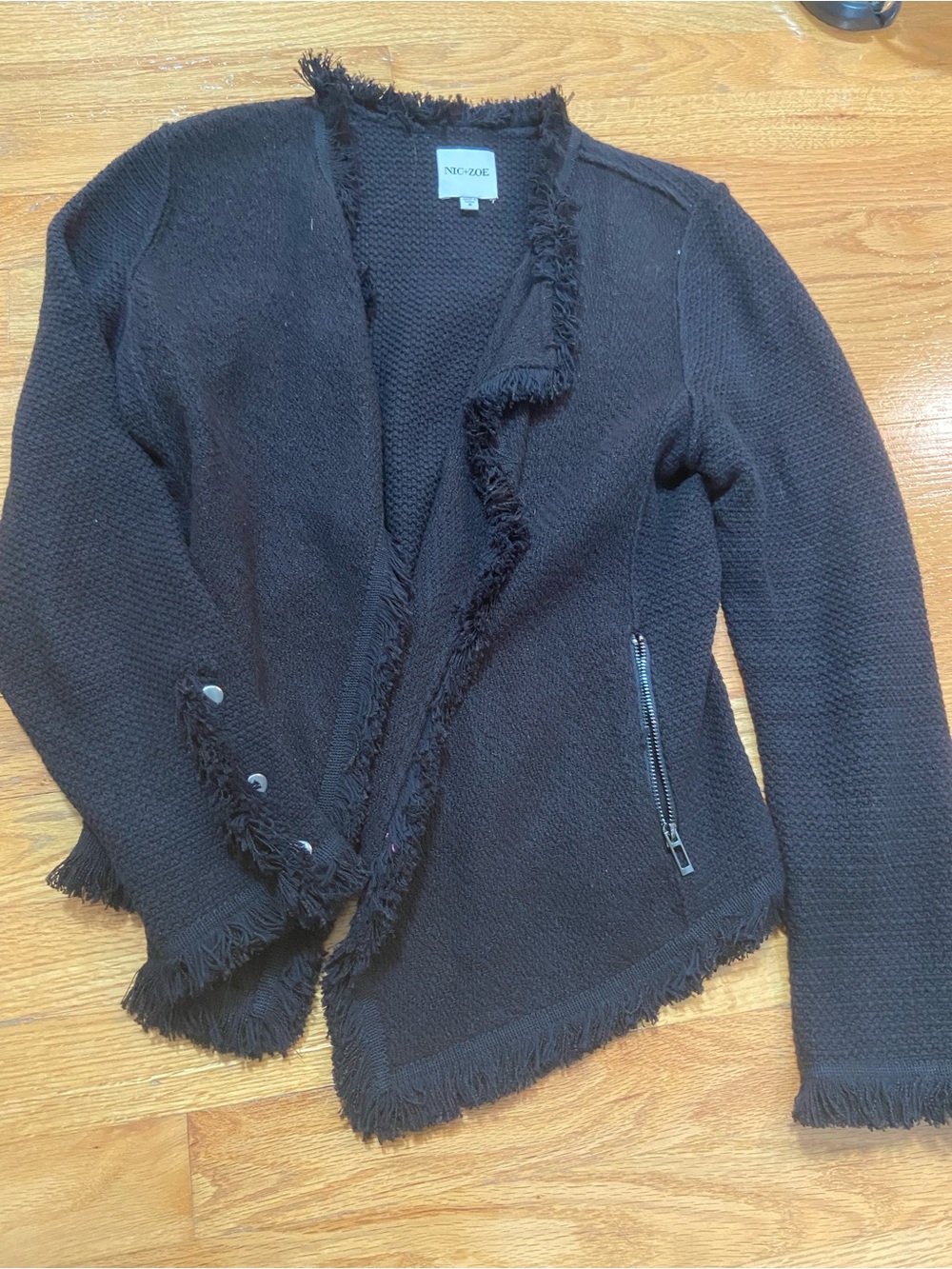 NIC+ZOE Black Fringed Open-Front Cardigan Jacket